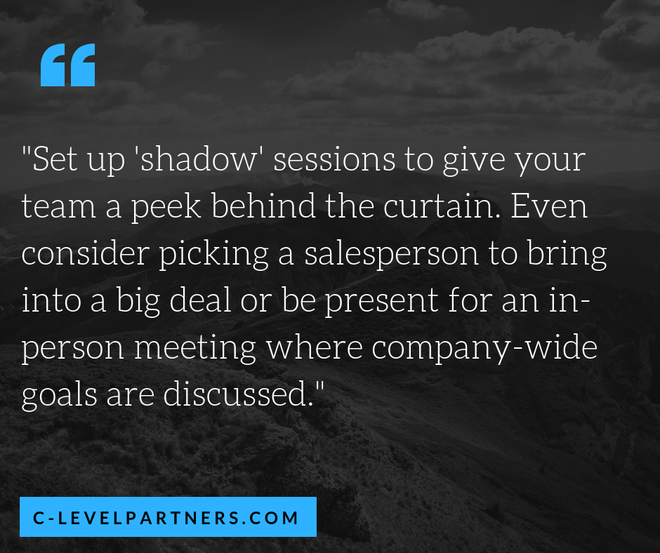 C-Level Partners sets up “shadow” sessions where we give our team a peek behind the curtain – pick a salesperson to bring into a big deal or be present for an in-person meeting where company-wide goals are discussed